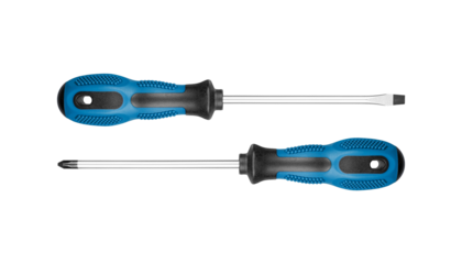 Set of Philips and flathead screwdrivers blue color on isolated white background close-up