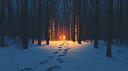 Cabin glow in snowy, dark forest.