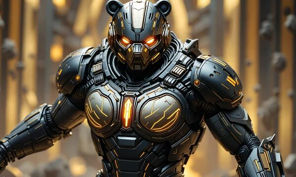 Cybernetic armored robot with glowing orange eyes stands in high-tech interior with metallic background. Futuristic combat concept