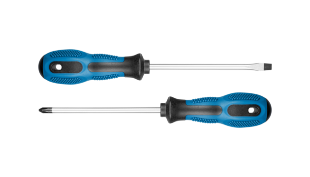 Set of Philips and flathead screwdrivers blue color on isolated white background close-up