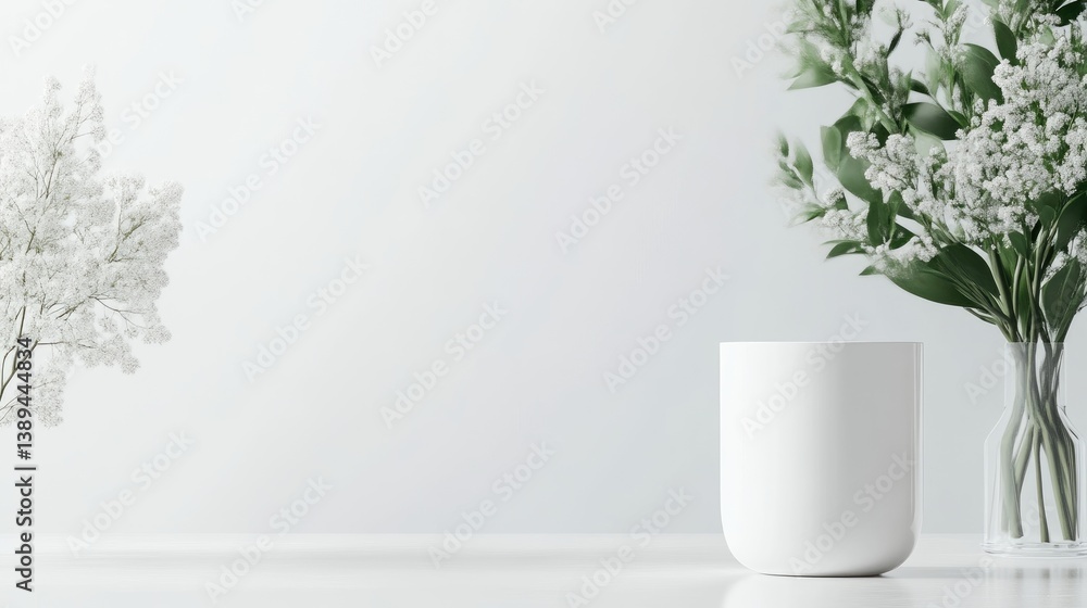 Poster white candle with flowers minimalist style high-resolution soft lighting horizontal centered composi