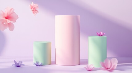 Pastel Cylindrical Display Podiums with Flowers