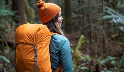 Fototapeta premium Woman with backpack and beanie in forest looking away from camera.