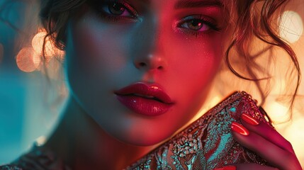 Fototapeta premium Close-Up Portrait of a Model with Glowing Nail Polish and Striking Makeup against a Colorful Bokeh Background