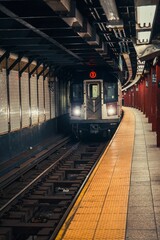 Subway train approaches station platform in NYC.
