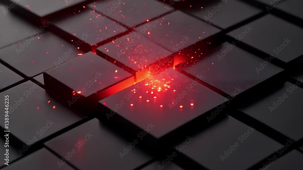 Poster abstract composition with black cubes and red glowing elements creating a futuristic atmosphere, abs
