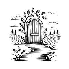 Enchanted Doorway Illustration: Whimsical Path to Nature, Black and White