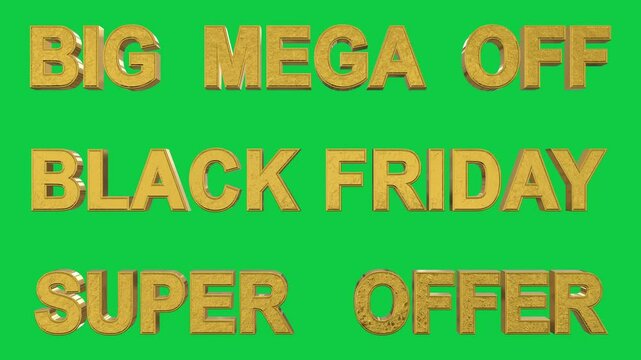 sale 3d golden words for black friday and mega sale isolated on green background animation,shopping big sale special offer gold texts motion design element
