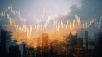 Double Exposure of Stock Market Chart over City Skyline at Dusk