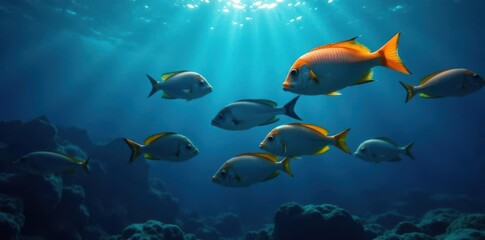 Obraz premium School of fish swimming in the dark blue ocean surface, water, fish, swim