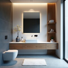 Luxurious Modern Bathroom: Blue & White Color Palette with Wooden Accents, Golden Ratio Design - Featuring Expensive Leather Furniture and Latest Smart Home Technology.
