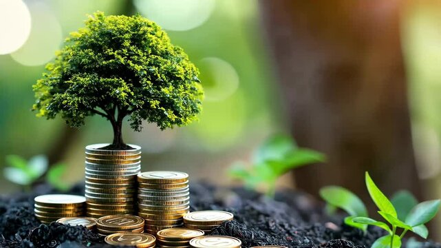 Growth of wealth illustrated by coin stacks with a tree thriving from money symbolizing financial prosperity, Graph of coin stacks and tree growing from money, economic prosperity, copy area