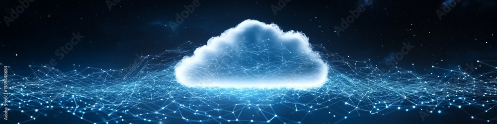 Poster glowing cloud connected with global network, abstract technology background of cloud computing