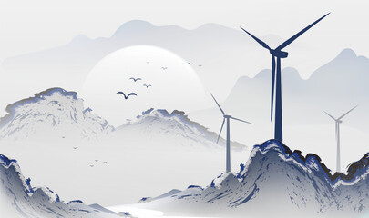 Environmental ink style horizontal illustration of wind energy © jm