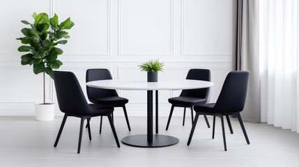 A modern dining set with four black chairs around a round white table, minimalist interior with potted plant, bright and airy room, and contemporary design.