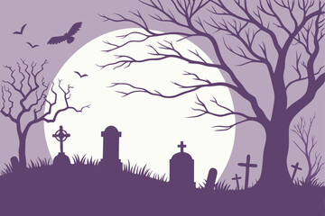 Naklejka premium 79 Spooky graveyard, full moon, tombstones with crosses, bare trees, dark purple night sky, eerie atmosphere, Halloween scene, shadowy silhouettes, misty moonlight, digital illustration, flat design, 