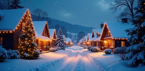Snowy village street with decorated houses and Christmas lights, snowflakes falling, warm glow, holiday cheer