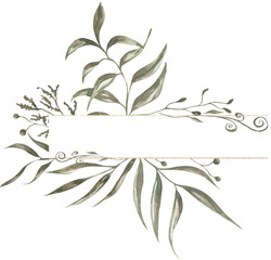 Watercolor delicate greenery frame clipart, leaves branch wreath illustration, wedding invitation, graphic flora clip art
