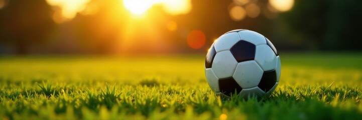 Naklejka premium Soccer ball dribbling on a green grass field at sunset, training, action