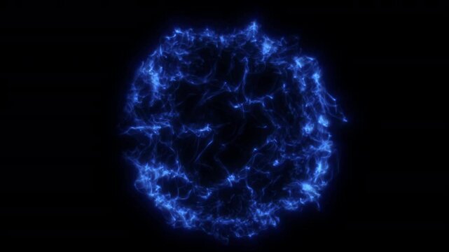 Abstract bright energetic glowing orb with plasma particles on dark background. Futuristic magical dynamic fractal flowing Blue fire.Black hole in space