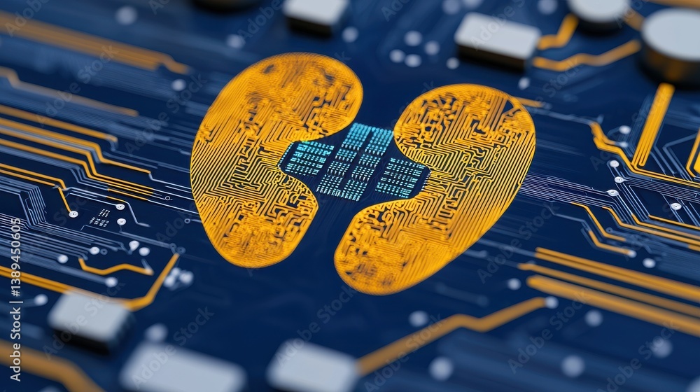 Poster nephrologist concept. complex circuit board with intricate patterns and traces