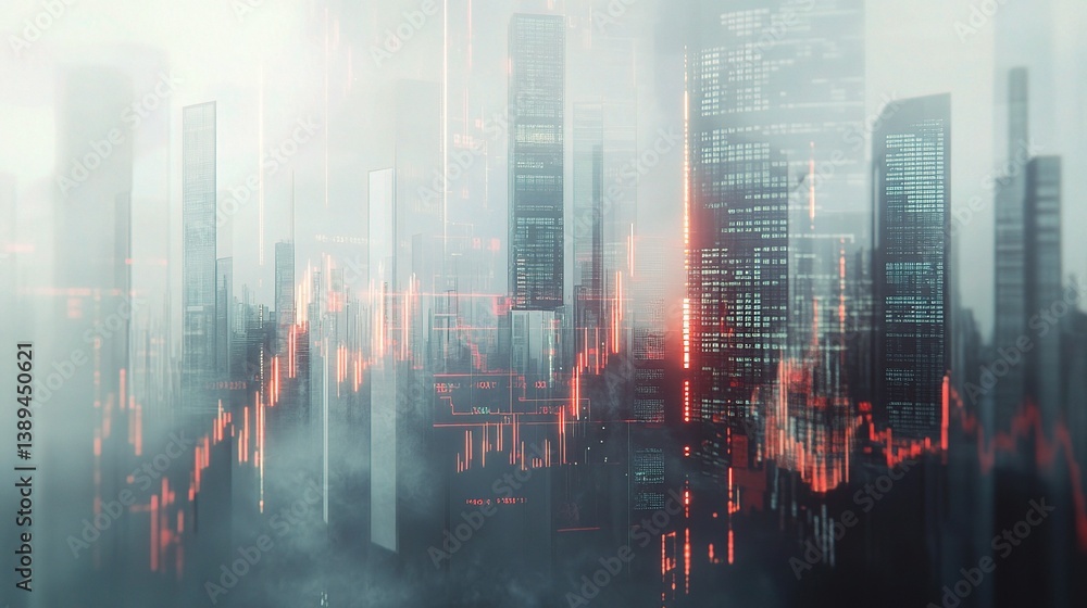 Poster abstract financial analysis concept with urban background and data visuals