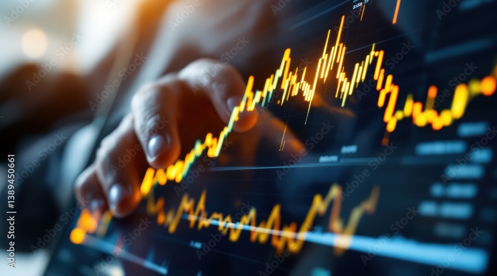Poster stock market data analysis with hand pointing at digital graph.