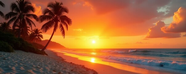 Softly glowing sun sets behind palm trees, with sandy beach in warm orange tones, film texture, ocean