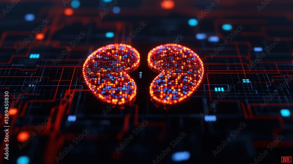 Poster nephrologist concept. digital kidney model with interconnected network visualizations