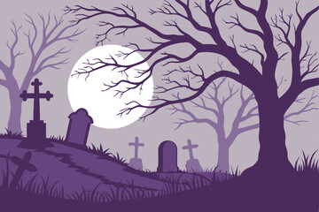 79 Spooky graveyard, full moon, tombstones with crosses, bare trees, dark purple night sky, eerie atmosphere, Halloween scene, shadowy silhouettes, misty moonlight, digital illustration, flat design, 