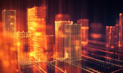 Fototapeta premium Futuristic city skyline at night, digital art, glowing buildings, data streams, website header