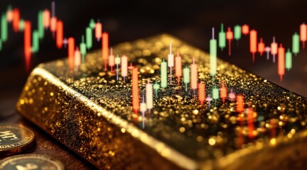 Gold bar with stock market graph overlay and coins in background.