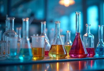 Assorted colorful chemical flasks in lab