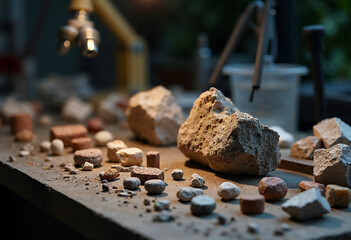 Assorted geological samples on a lab table