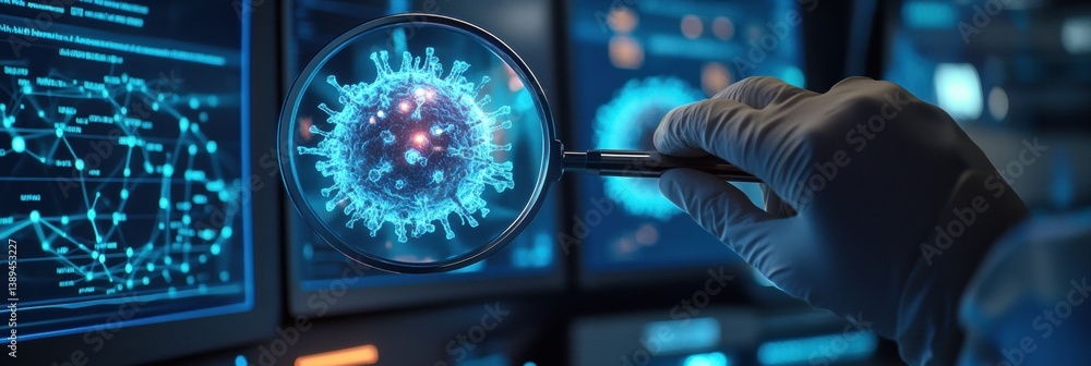 Fototapete scientist examines holographic virus structure with magnifying glass in a high-tech lab setting