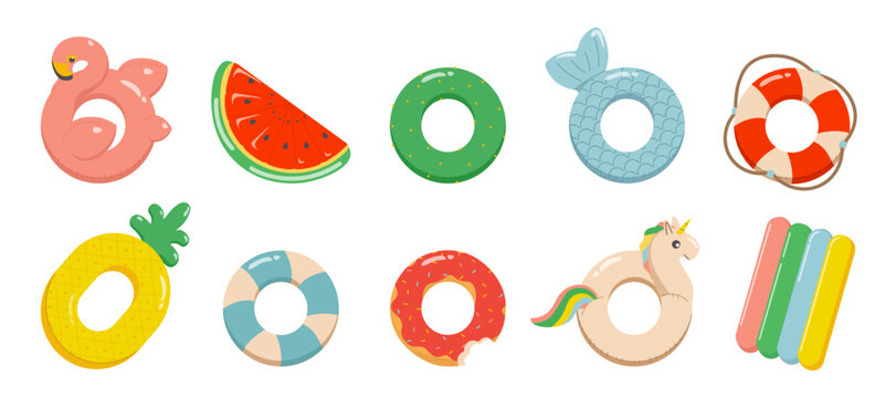Set of rubber inflatable swimming rings. Lifesaver, donut, watermelon, flamingo toy for water and beach or trip safety. Life saving floating lifebuoy. Rescue ring top view cartoon vector illustration.