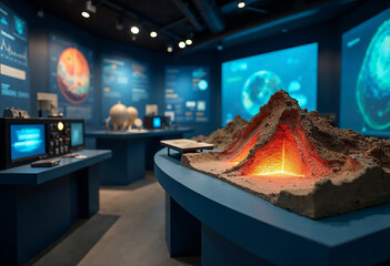 Volcano model exhibit with glowing lava in science center