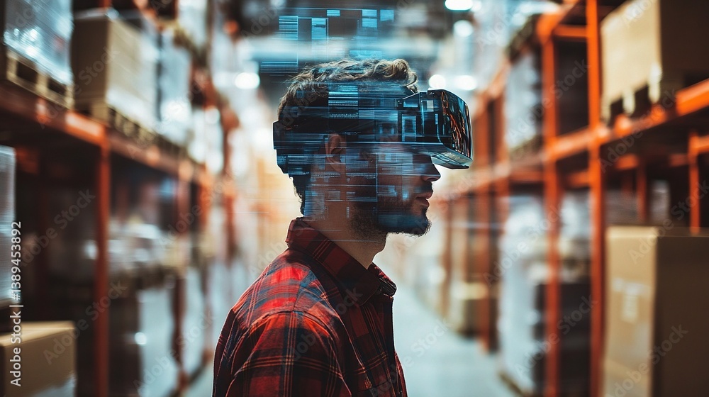 Poster warehouse worker using augmented reality headset for inventory management