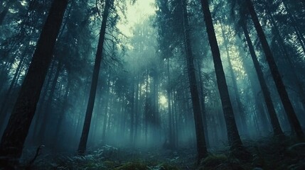 Fototapeta premium Golden sunlight filtering through towering pine trees in a misty forest, lush greenery, soft background blur, and tranquil natural landscapes with dramatic light and shadow effects.