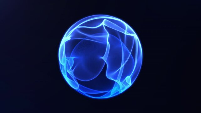 Abstract, techology, sciene,glowing, blue energy sphere on dark background.Vibrant shine blurred particle 3d sphere seamless loop motion.Animated futuristic orb.Virtual assistant