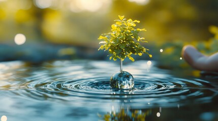 Hand Planting Tree in Ripple Forming Globe Composition with Recycling Theme Created with Generative AI technology