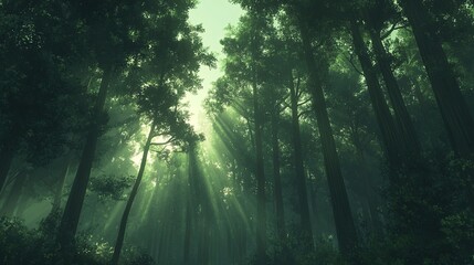Fototapeta premium Golden sunlight filtering through towering pine trees in a misty forest, lush greenery, soft background blur, and tranquil natural landscapes with dramatic light and shadow effects.