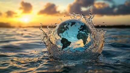 Translucent Earth Droplet Mid Splash Colliding with Ocean Ripples and Sunlight Created with Generative AI technology