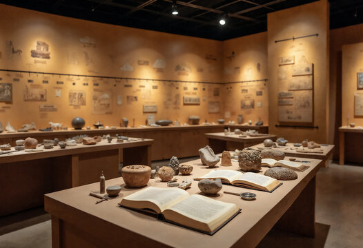 Museum room with ancient exhibits and artifacts