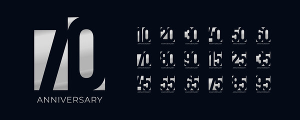 Modern chrome silver business anniversary celebration numbers. Cute geometrical metallic digits for milestone years, corporate branding, jubilee events. Clean minimal vector illustration