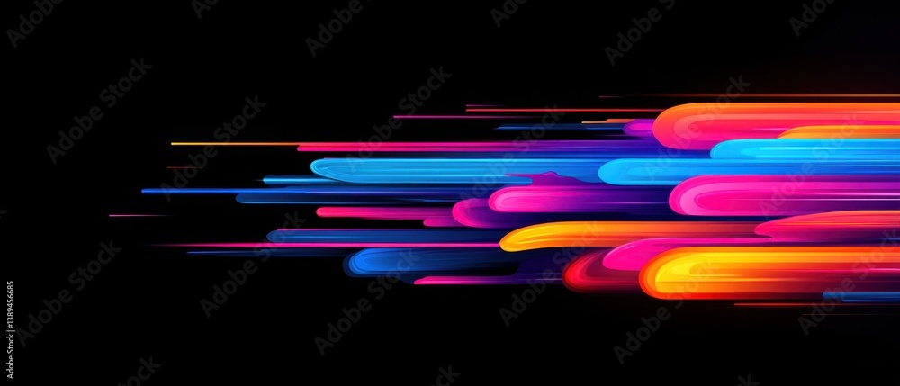 Poster abstract colorful light trails on black background, dynamic speed lines with motion blur effect conc