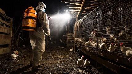 Nighttime Poultry Farm with Worker Spraying Insecticide in Protective Gear