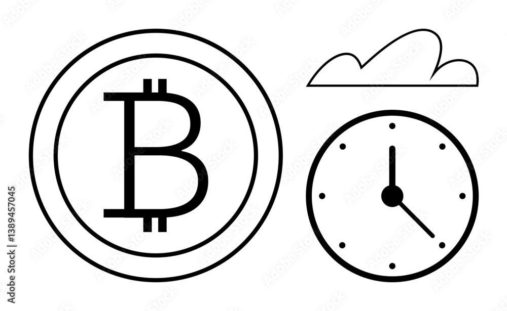 Poster bitcoin currency symbol in a circle, analog clock indicating time, and cloud element. ideal for cryp