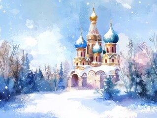 Majestic Russian Orthodox Church Winter Wonderland Digital Art Snowy Landscape Aerial View Cultural Heritage