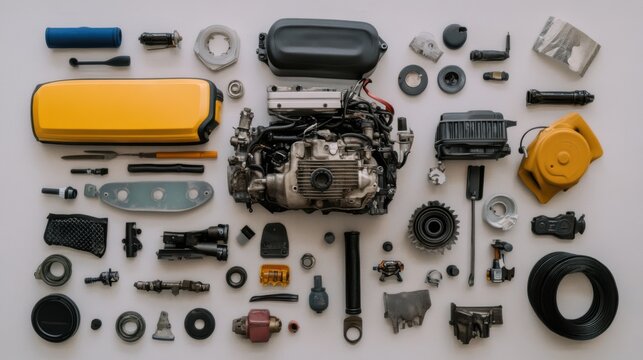 A disassembled engine with neatly laid out components, showcasing mechanical intricacy and engineering marvel.